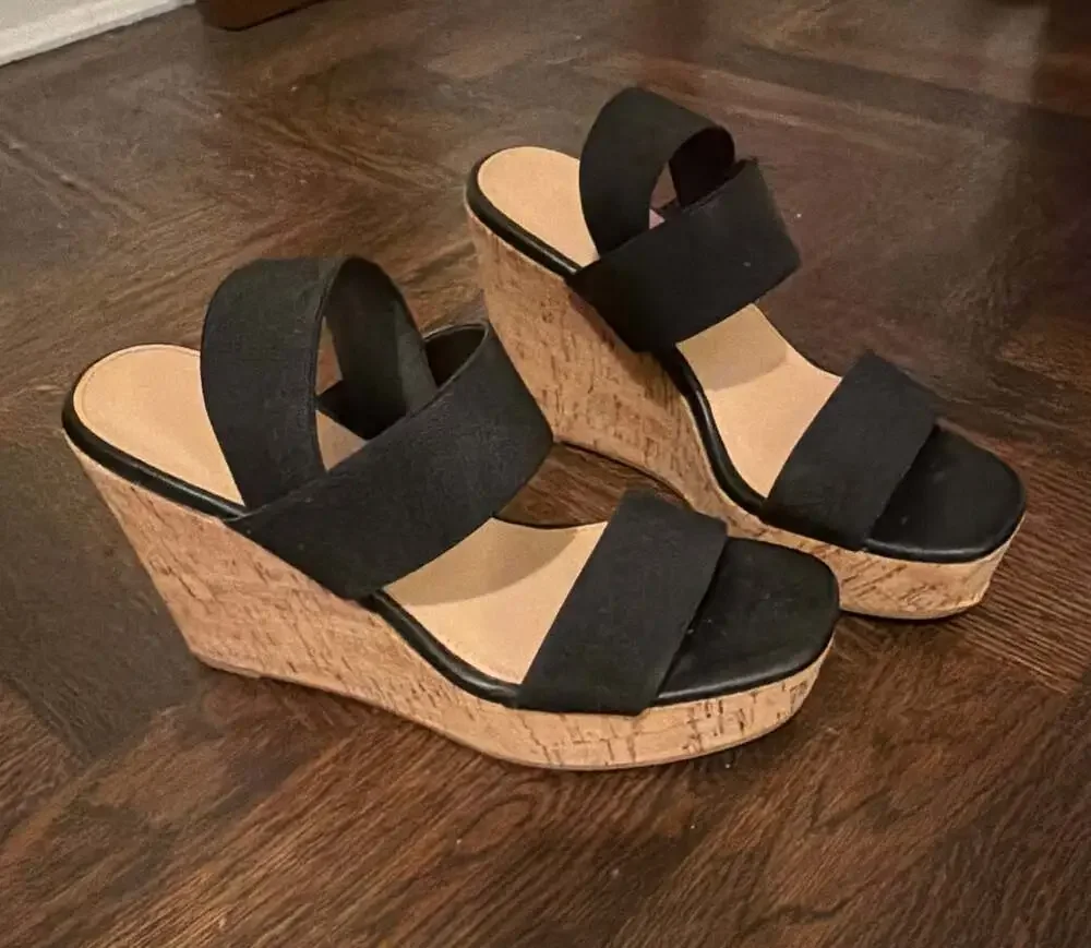 Limelight Davina Black Elastic Strap Cork Platform Wedge Sandals